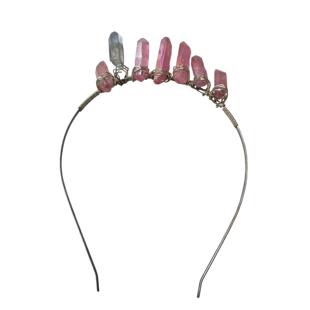 Pink Aura Quartz Crystal Crown Wire Wrapped Headband Boho Festival Hair Piece K2